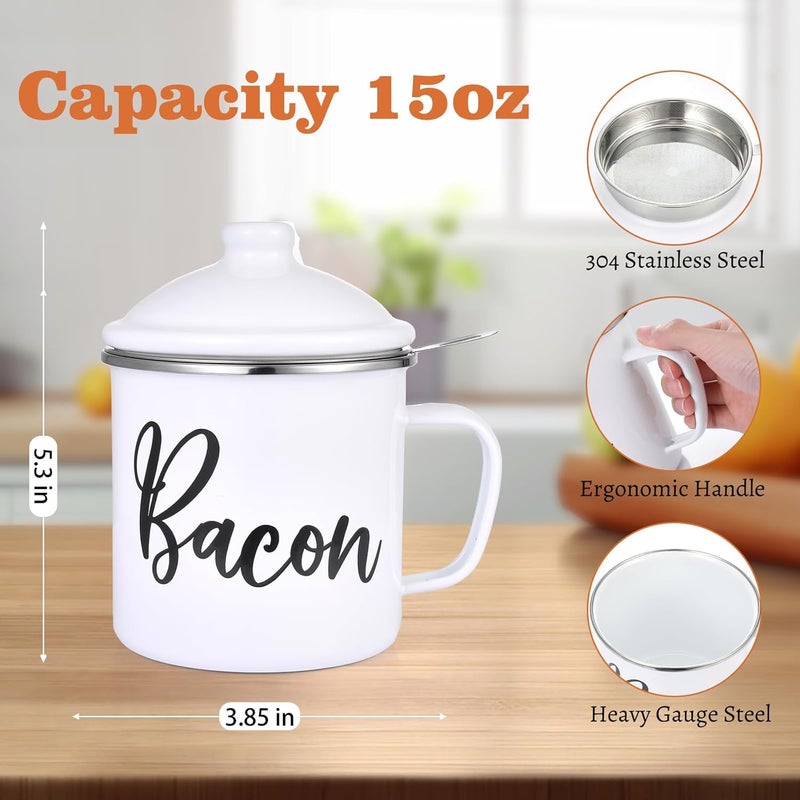 Fondpen Bacon Grease Container with Strainer - 15oz Enamel Grease Container, White Elephant Gifts For Kitchen Fat Storage, Dishwasher Safe- White - Image 2